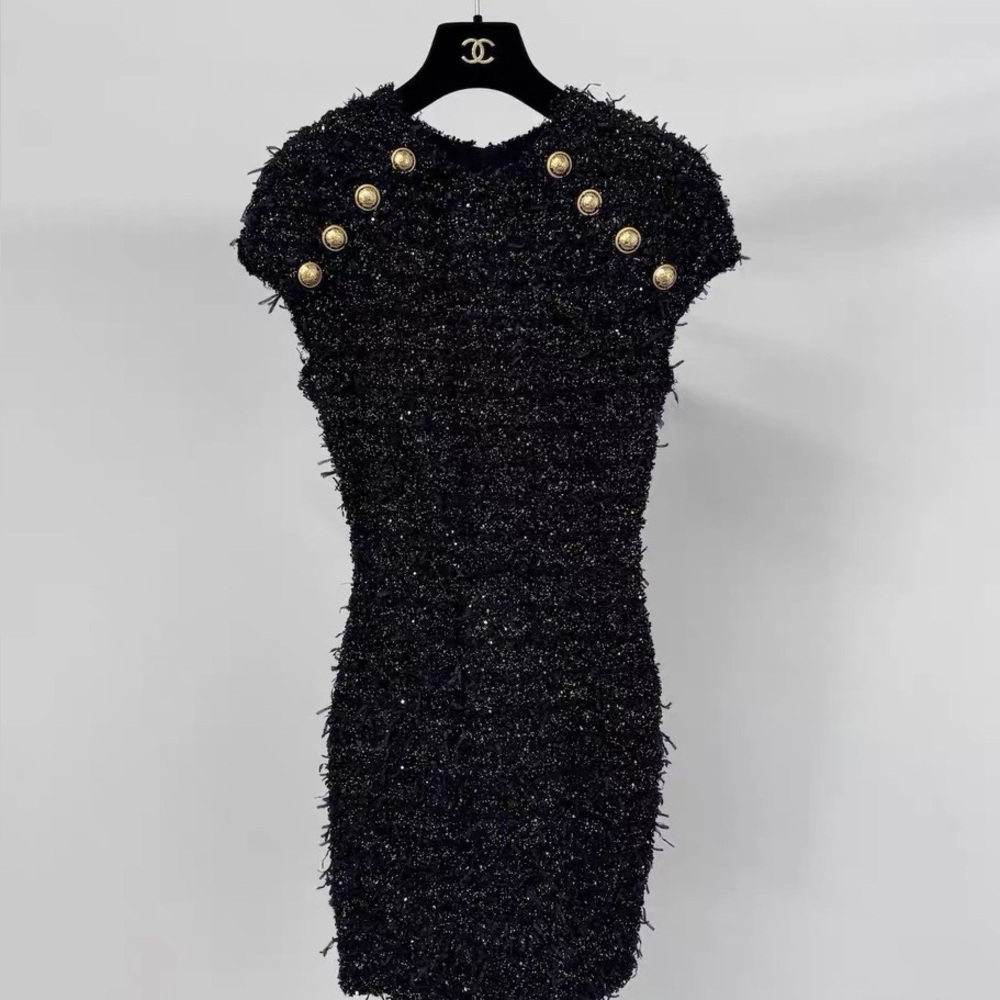 Authentic Balmain Black Textured Mini Dress